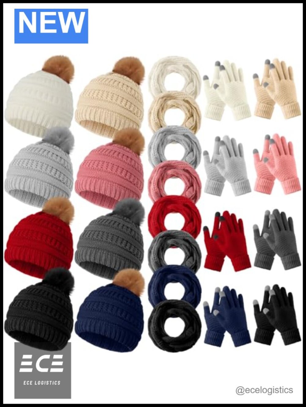 Winter Pompom Beanie Hat Scarf Glove Set Fleece Thermal Knitted 24 Pc